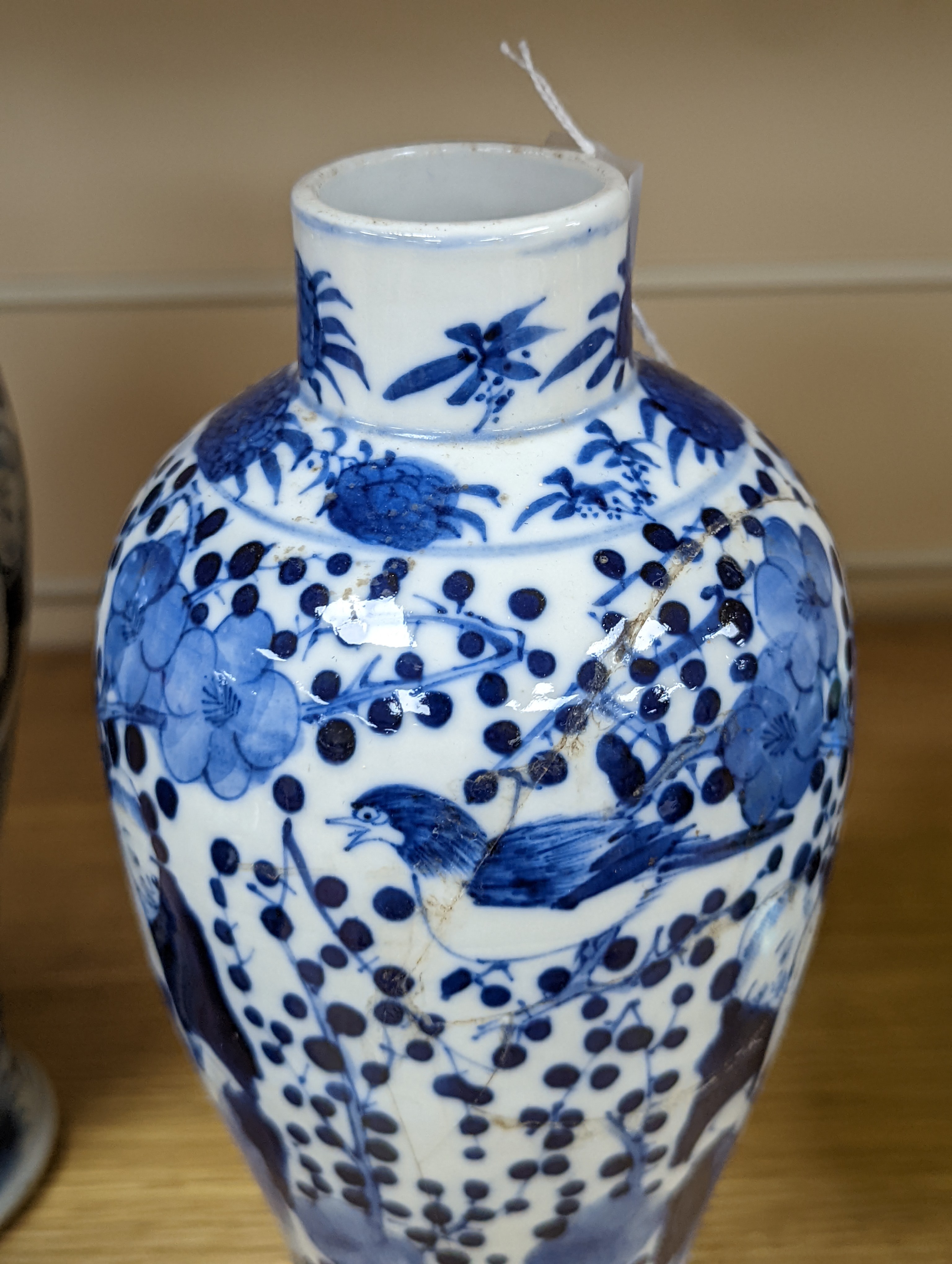 A pair of 19th century Chinese blue and white vases, a prunus vase and cover and a similar jar (4), pair of vases 24 cms high.